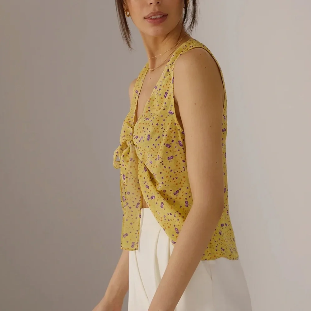 NWT Favorite Daughter The Gwen Top Tie Front Sleeveless Silk Blouse - Picture 6 of 16